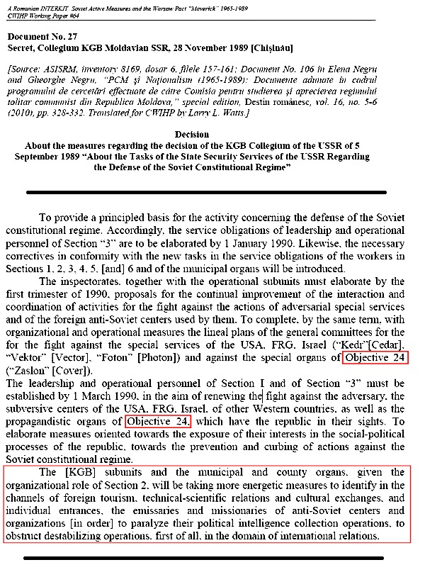 Document Secret al KGB privind Romania Obiectiv 24 - Larry Watts, Woodrow Wilson Center